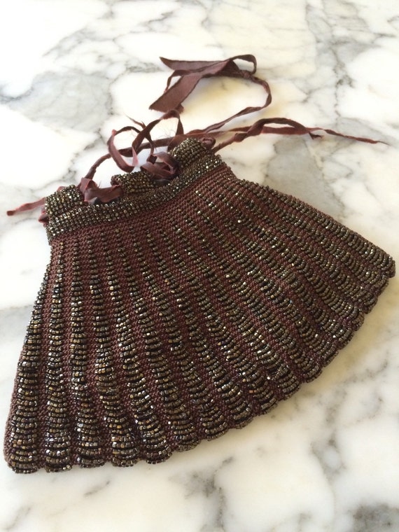 Vintage Beaded Drawstring Purse Brown and Bronze … - image 2