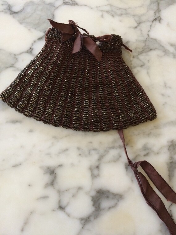 Vintage Beaded Drawstring Purse Brown and Bronze … - image 3