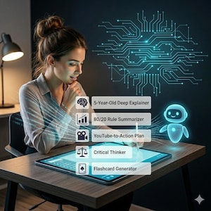 以下が含まれることがあります： 女性が机に座り、光るタブレットを操作しています。タブレットには「5-Year-Old Deep Explainer」、「80/20 Rule Summarizer」、「YouTube-to-Action Plan」、「Critical Thinker」、「Flashcard Generator」と表示されています。デジタル回路基板とロボットも表示されています。