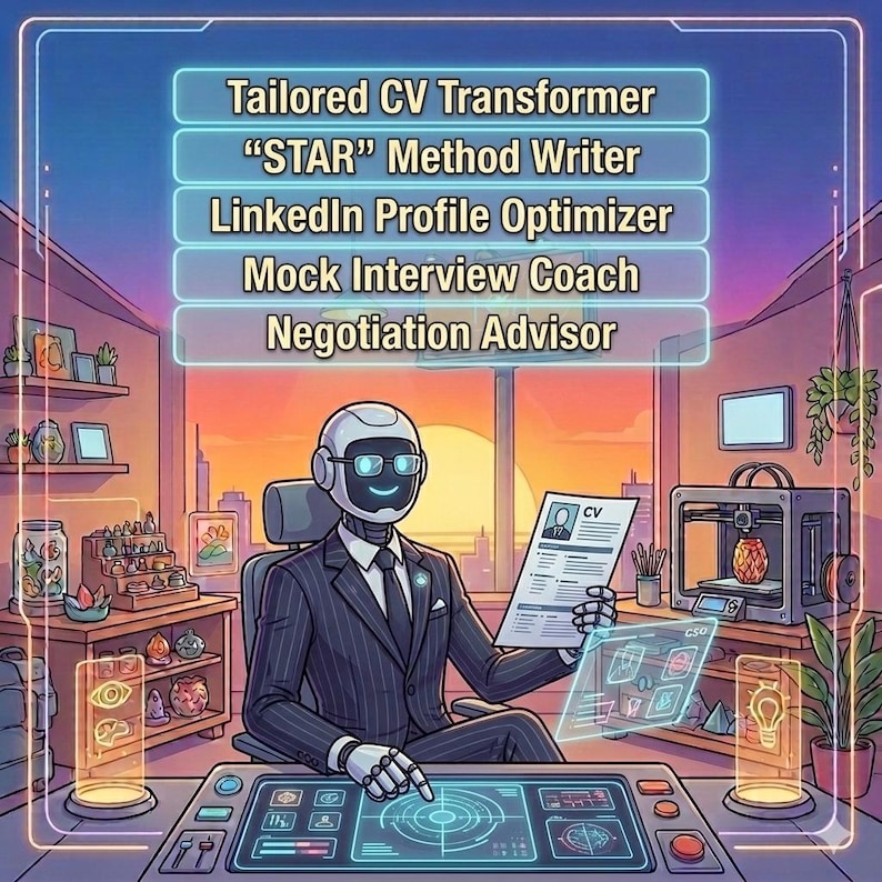 May include: An illustration of a robot in a suit, holding a CV and interacting with a futuristic interface. The image includes text boxes with services: Tailored CV Transformer, "STAR" Method Writer, LinkedIn Profile Optimizer, Mock Interview Coach, and Negotiation Advisor.