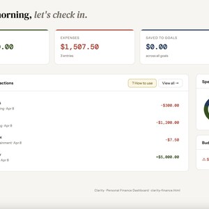 May include: A digital financial dashboard with the text "Good morning, let's check in." Displays income, expenses, savings, and net balance. Includes recent transactions and spending by category. The interface is primarily white, green, and black.