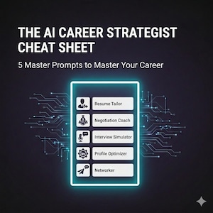 May include: A digital graphic with the text "THE AI CAREER STRATEGIST CHEAT SHEET" and "5 Master Prompts to Master Your Career." The image features a glowing rectangle with icons and text for Resume Tailor, Negotiation Coach, Interview Simulator, Profile Optimizer, and Networker.
