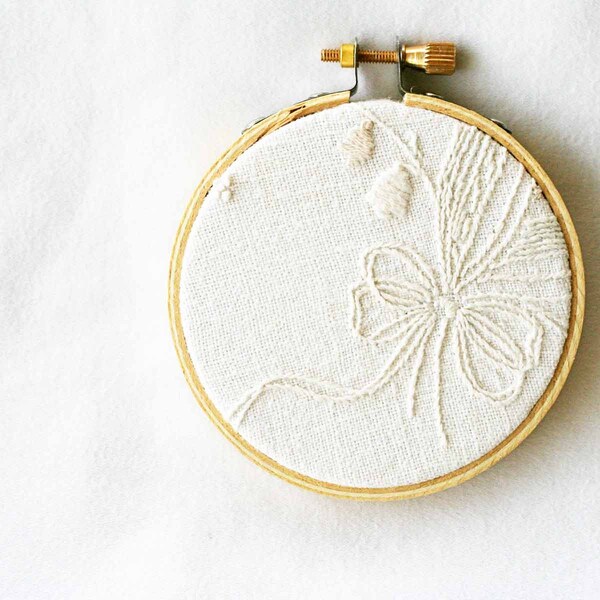 Cream embroidery hoop art / upcycled vintage fabric / white home decor / fresh spring / 3 inch size