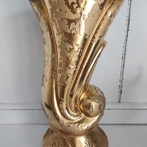 Rare 12" Vintage American Bisque Weeping Gold Vase - MCM "Swoop" Pedestal Art Pottery - 22K Gold Hand Decorated - 1950s Hollywood Regency