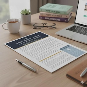 May include: A workspace scene featuring a laptop, a document titled "The Book Foundry Blueprint," and a stack of books. A cup of coffee, glasses, a pen, and a small succulent plant are also on the wooden desk.