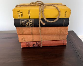 Pila de libros vintage Pearl S Buck atada con yute, 5 libros de tapa dura de John Day, decoración literaria para estantería, decoración de biblioteca rústica, lote de libros clásicos