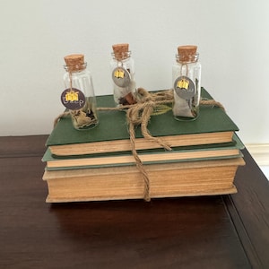 May include: Three small glass bottles with cork stoppers, each containing different dried items, are tied with twine and sit atop a stack of green books. Each bottle has a small tag with a yellow and black design. The books are bound together with twine.