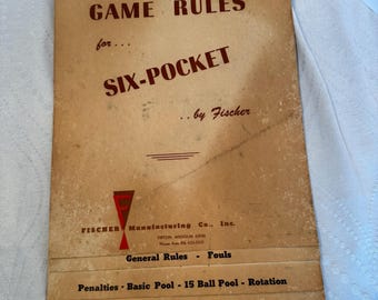 Vintage Fischer Six-Pocket Pool Game Rules Booklet, Mid Century Billiards Ephemera, Tipton Missouri Game Room Decor