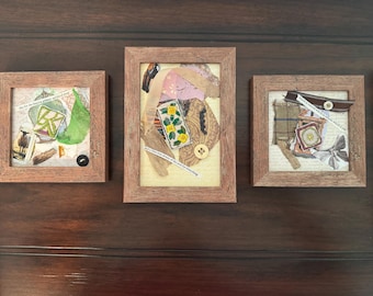 Original Mixed Media Textile Collage Set of 3, Framed Slow Stitch Poetry Wall Art, Canvas Assemblage