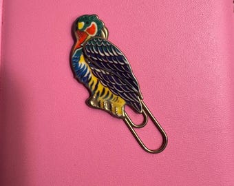 Vintage Enamel Parrot Bookmark Moveable Wing Budgie Paperclip 1990s Stationery junk journal tropical
