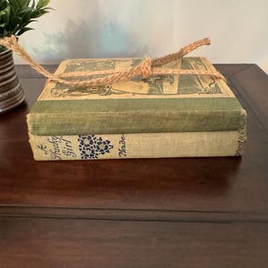 May include: Two stacked vintage hardcover books tied together with a piece of natural jute twine. The top book has a green spine and a tan cover with faded illustrations. The bottom book has a tan spine with the text A Plucky Girl Meade.