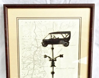 Vintage Framed and Matted Silhouette Vintage Automobile on Map of Va and Surrounding States, Signed, Rare