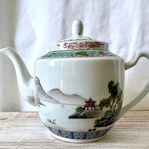 Vintage Jingdezhen Chinese Teapot Porcelain, Pagoda & Mountain Scene, Excellent Used Condition!