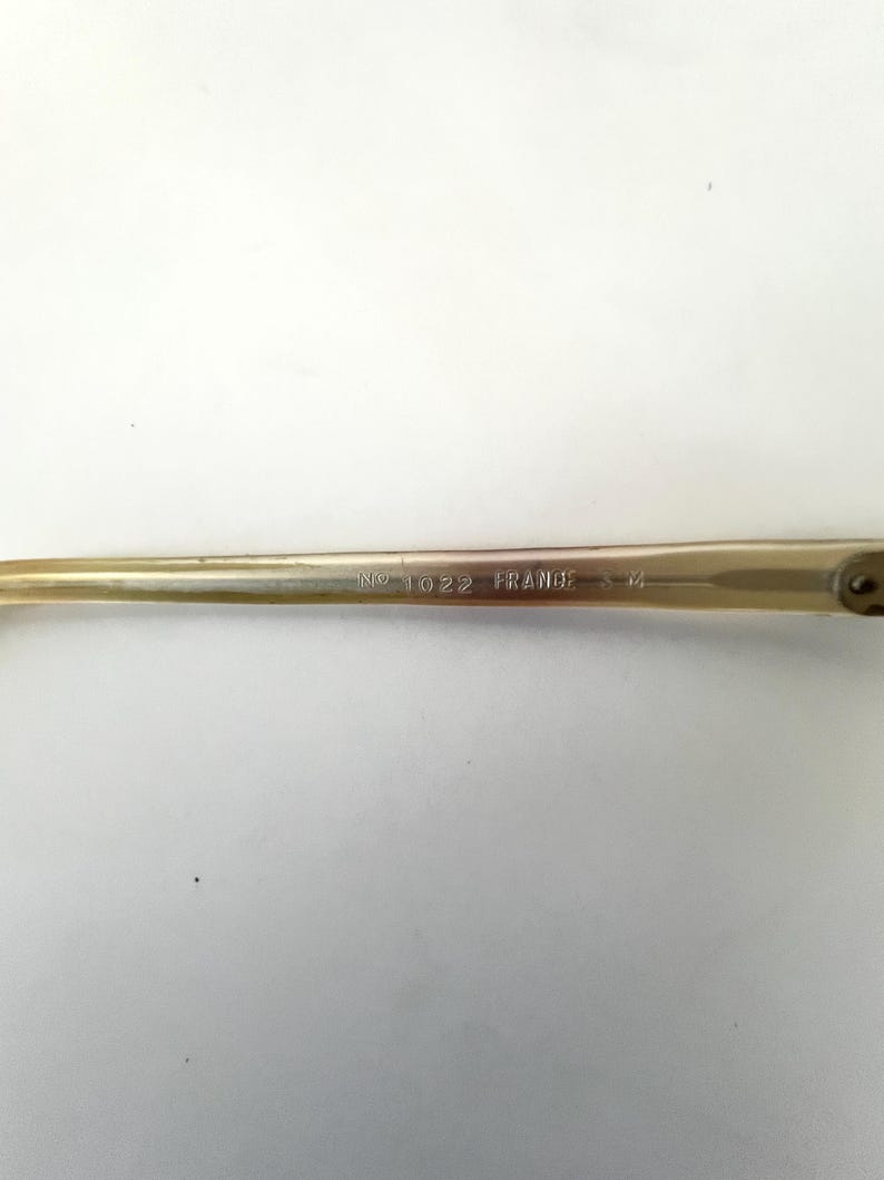K&ouml;nnte beinhalten: Nahaufnahme einer Brille mit hellfarbenem Rahmen. Der Text "NO 1022 FRANCE" ist auf dem B&uuml;gel der Brille zu sehen. Die Brille hat ein klassisches Design.