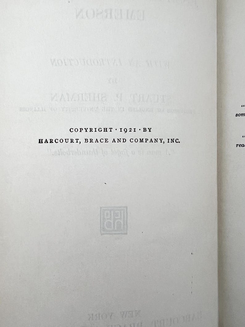May include: A black and white image of a book's copyright page. The text reads "Copyright 1921 by Harcourt, Brace and Company, Inc."