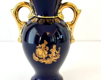 Limoges France Gold and Cobalt Blue Porcelain Vase, Courting Couple, EC!