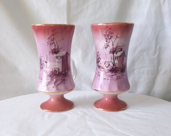 Vintage or Antique Pair of Antique Pink Portugal Vases, Hand Signed 3030, Excellent Condition