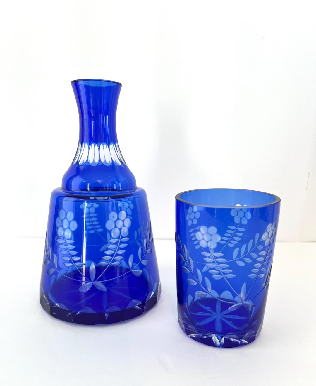 Vintage Tumble-up Cobalt Blue Cut Glass Bedside Water Carafe & Glass ...