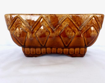 Vintage Rectangular Ceramic Planter, Brown Glossy Finish, USA, Signed J-23-8, Retro Look! Excellent Condition!