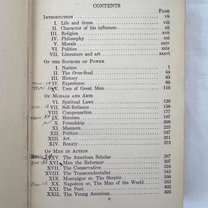 May include: A black and white book with the title "CONTENTS" printed on the cover. The book lists the chapters and page numbers for a book about the life and works of Ralph Waldo Emerson.