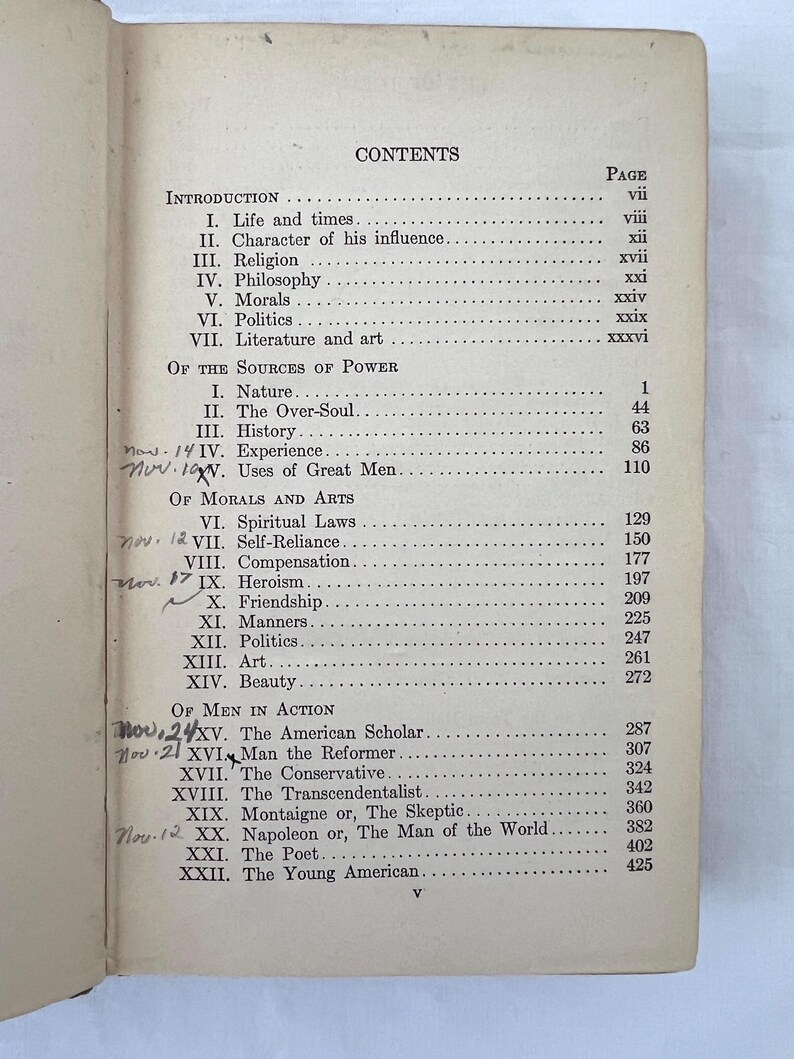 May include: A black and white book with the title "CONTENTS" printed on the cover. The book lists the chapters and page numbers for a book about the life and works of Ralph Waldo Emerson.