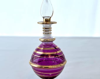 Vintage Egyptian Glass Hand Blown Perfume Bottle, Cranberry with Gold Trim