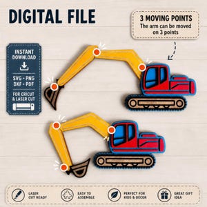 May include: A digital file for a laser cut excavator toy with three moving points on the arm. The design features a red cab, yellow arm, and black tracks. Text includes DIGITAL FILE, INSTANT DOWNLOAD, SVG, PNG, DXF, PDF, and 3 MOVING POINTS.