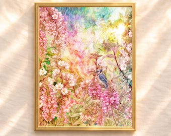 Estampado botánico rosa vintage, collage floral romántico, arte mural de pájaros (descarga digital)