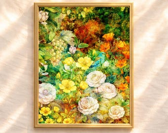 Impresión vintage de jardín botánico, collage floral de aves, arte mural romántico de naturaleza (descarga digital)