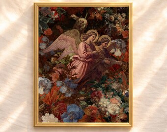 Impresión de collage floral de ángel vintage, arte mural botánico de inspiración renacentista, descarga digital