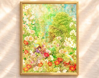 Lámina vintage de jardín botánico, collage romántico de paisaje floral, arte mural de naturaleza con aves (descarga digital)