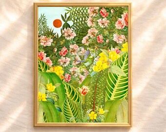 Impresión de collage de jardín botánico tropical, arte mural floral brillante, descarga digital