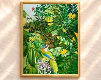 Impresión botánica tropical vintage, collage de flores y aves exóticas (descarga digital)
