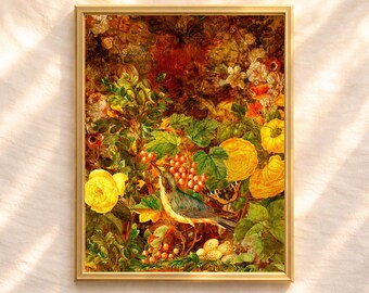 Impresión botánica otoñal vintage, collage floral rústico con pájaros y rosas amarillas (descarga digital)