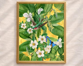 Impresión botánica de colibrí esmeralda, arte mural floral tropical dorado, descarga digital