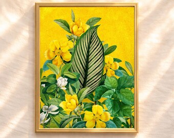 Impresión de collage de hojas botánicas doradas, arte mural floral tropical amarillo, descarga digital