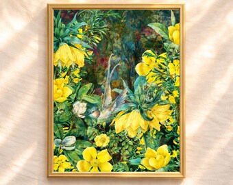 Impresión botánica vintage: collage floral amarillo con pájaro (descarga digital)