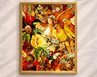 Impresión de collage botánico de ángel bíblico vintage