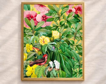 Impresión de collage de aves botánicas doradas, arte mural de selva tropical, descarga digital