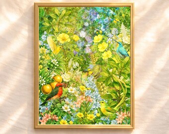 Lámina botánica vintage, collage floral de pájaros y cítricos, decoración de pared con exuberante jardín (descarga digital)