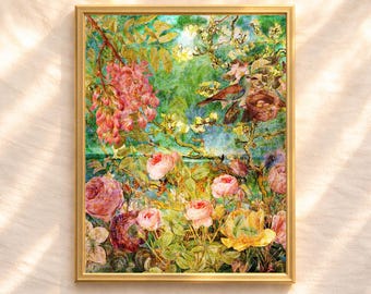 Impresión vintage de jardín botánico, collage floral romántico, arte de nido de pájaro (descarga digital)
