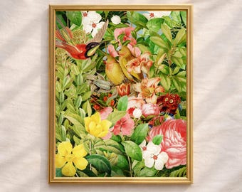 Impresión vintage de collage de aves botánicas, arte mural de jardín verde exuberante, descarga digital