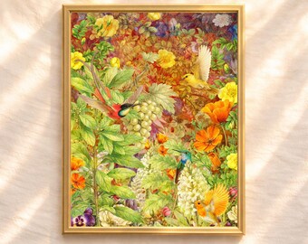 Lámina vintage de jardín botánico, collage floral con pájaros coloridos, arte mural romántico de naturaleza (descarga digital)