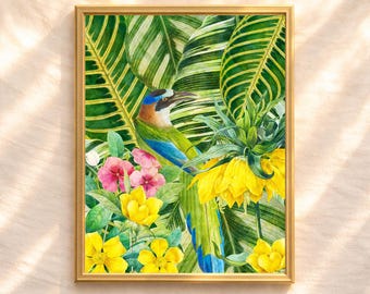 Impresión de aves botánicas tropicales, collage floral vintage con flores amarillas (descarga digital)
