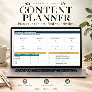 Peut inclure: Un planificateur de contenu numérique affiché sur un écran d'ordinateur portable, présentant un tableau de bord avec des mesures pour les publications prévues, publiées et l'engagement. L'écran affiche des tableaux de flux de travail.