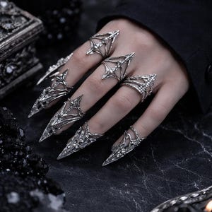 May include: A set of silver-toned metal rings designed to cover the fingers like armor. Each piece features intricate, pointed, claw-like extensions that taper to a sharp tip, with openwork detailing and textured surfaces across the finger joints.
