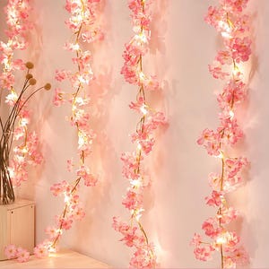 Peut inclure: Guirlande lumineuse de fleurs de cerisier roses tombant le long d'un mur. Les fleurs artificielles sont éclairées par de petites lumières blanches chaudes, créant une ambiance douce et romantique. Idéal pour la décoration.