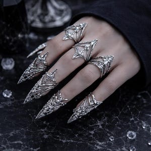 Gothic Claw Ring -Long Metallic Nail Tips for Bold Nail Art Reusable Silver Glossy Finish image 3