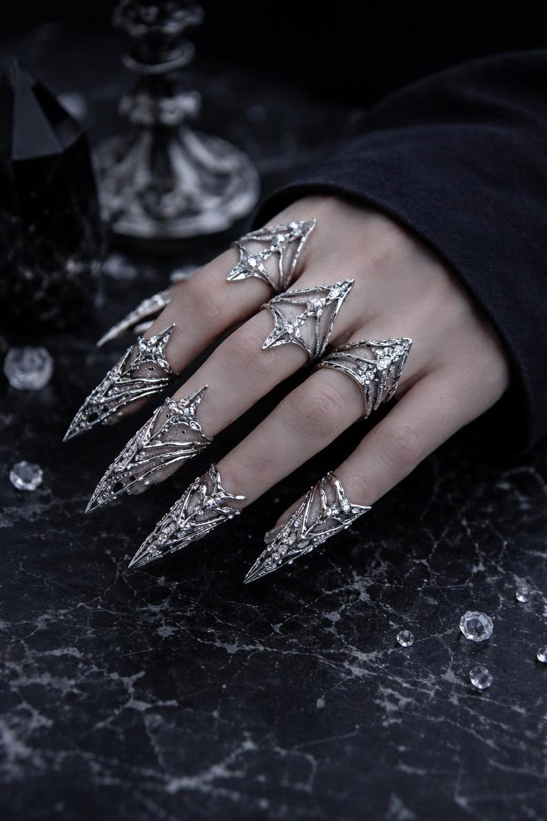 Gothic Claw Ring -long Metallic Nail Tips for Bold Nail Art Reusable ...