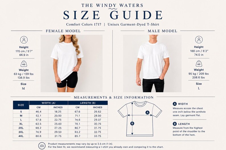 May include: Size guide for a unisex garment-dyed t-shirt. Includes measurements in inches and centimeters, with models showing the fit. The guide provides width and length measurements for sizes S to 4XL.